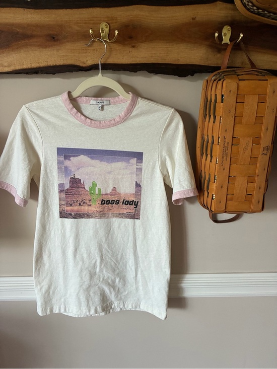 Ganni Tops - GANNI Boss Lady Graphic Ringer T-Shirt Cream Pink Cactus Small